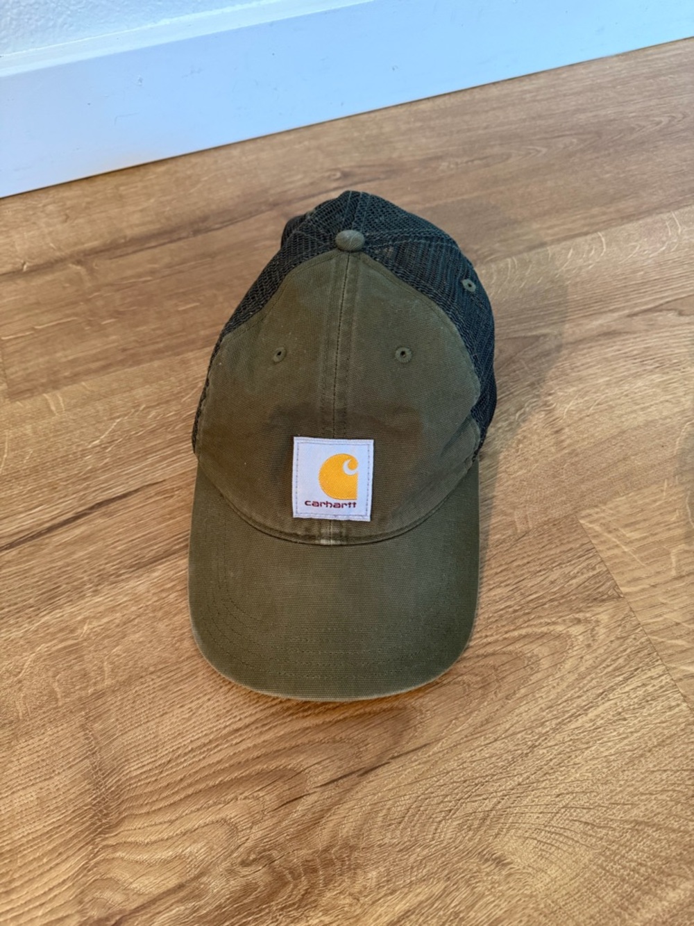 Carhartt Olive and Black Mesh Trucker Hat with Yellow Logo